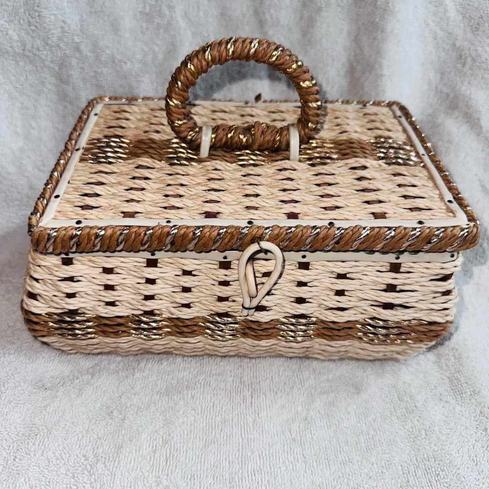 Vintage Braided Woven Wicker Sewing Basket Box Green Satin Lined Japan MCM